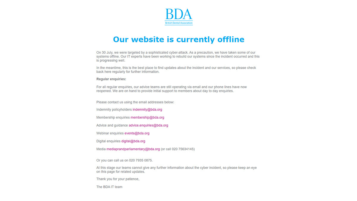 BDA网beplay体育能用吗站仍在网络攻击之后仍处于离线状态